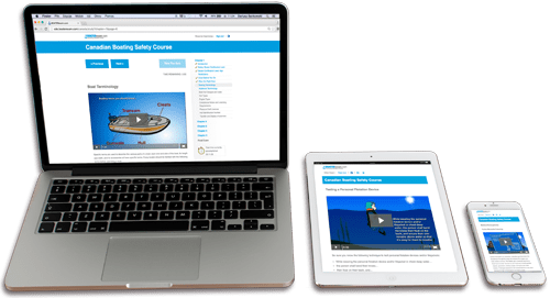 A BOATERexam course shown on screens of multiple devices, learn about skiing and watersports safety. 