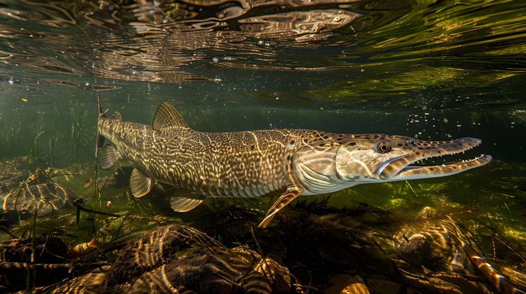 Close-up of an alligator gar underwater, how to catch alligator gar concept. 