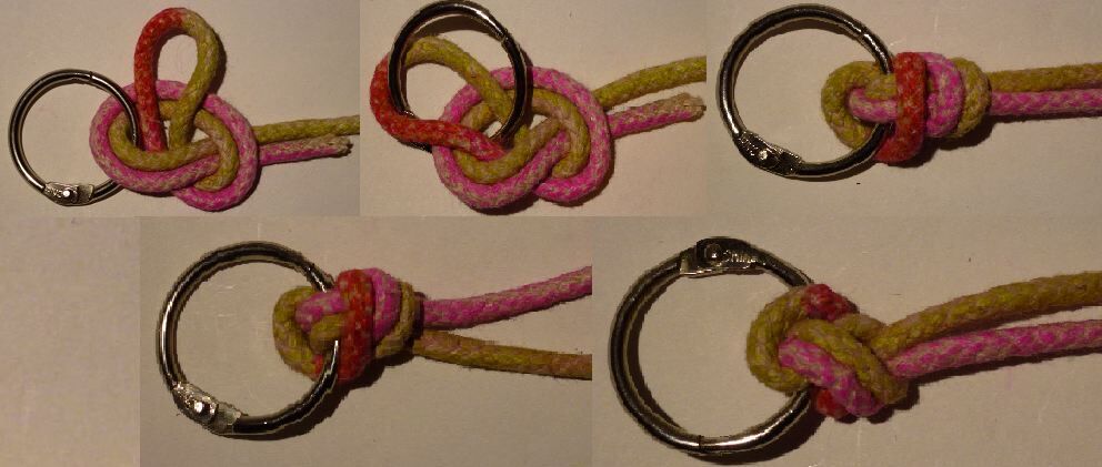 A sequence showing tying a palomar knot. 